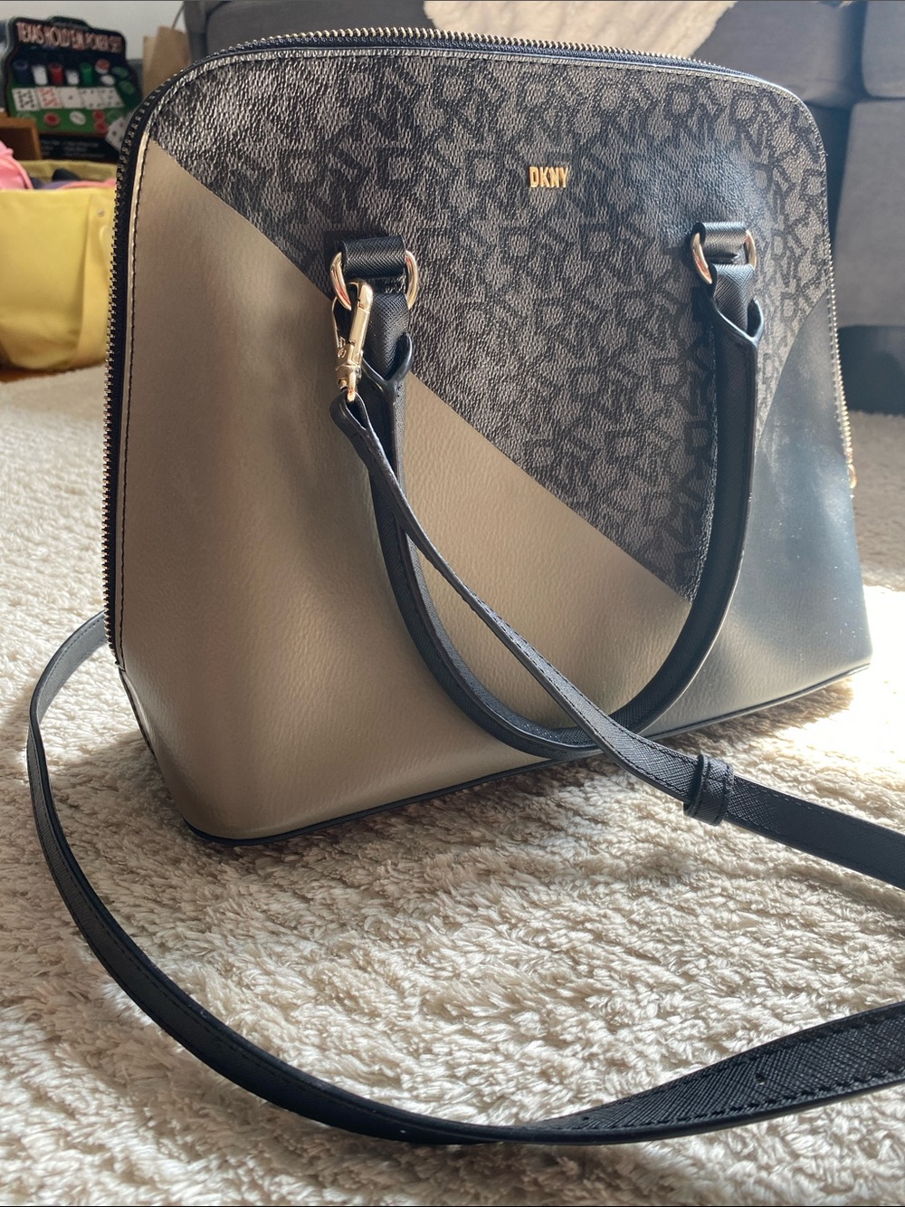 DKNY Two-Tone Black and Beige Dome Satchel with Logo Print